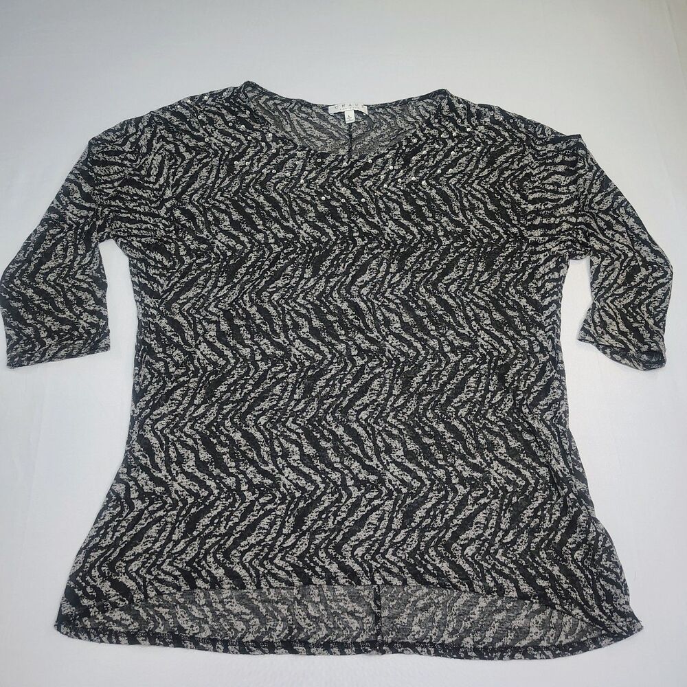 Chaus New York Sheer Zebra Print Blouse Rhinestones Black Grey Grannycore Sz L